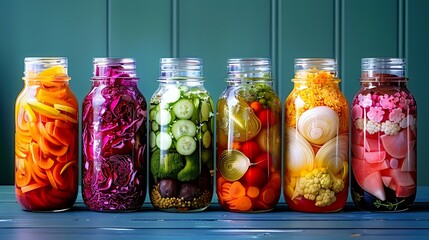 A vibrant collection of assorted fermented foods displayed in clear glass jars, featuring a...