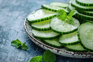 Sliced cucumbers in a ceramic dish on a textured blue background