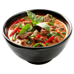 A bowl of delicious Thai curry with beef, vegetables, and chilies. The curry is garnished with fresh basil leaves.
