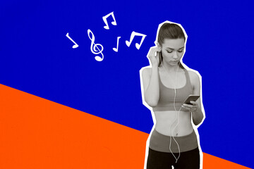 Artwork image collage of charming attractive girl gym hobby training music playlist isolated on...
