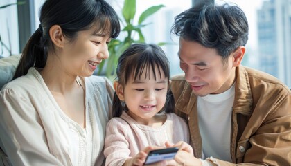 Family sharing a fun moment on couch, heads together, smiling at cell phone