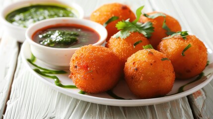 Indian deep-fried balls infused with spices, green chutney, presented on a sleek black plate against the rustic backdrop of a wooden table, with a side of fresh salad platter.