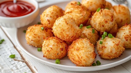 Indian deep-fried balls infused with spices, green chutney, presented on a sleek black plate against the rustic backdrop of a wooden table, with a side of fresh salad platter.