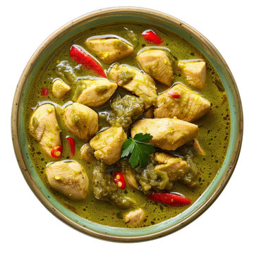 A bowl of green curry with chicken, garnished with red chili peppers and parsley.
