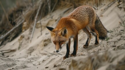 A stunning fox residing in the sandy hills searching for nourishment