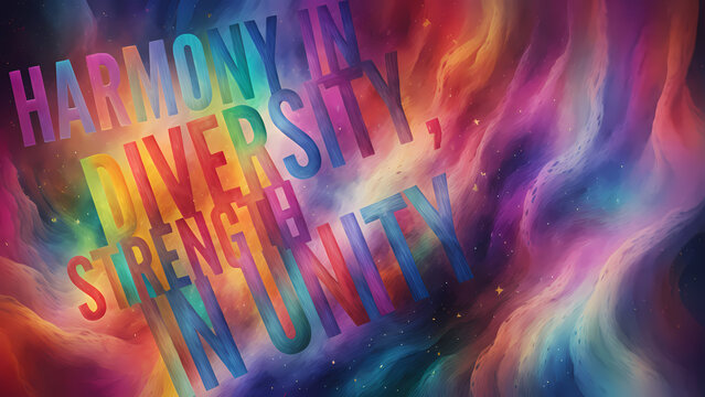 Vibrant illustration: 'Harmony in diversity, strength in unity' message. LGBTQ