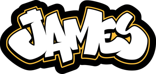 JAMES Graffiti Name, street art urban wall tag style font, sticker, label, print, stencil, cut file, cool dope hand drawn writing, dj sign logo, doodle, clear transparent background PNG, yellow 