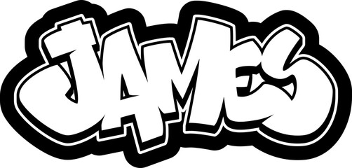 JAMES Graffiti Name, street art urban wall tag style font, sticker, label, print, stencil, cut file, cool dope hand drawn writing, dj sign logo, doodle, clear transparent background PNG, one line