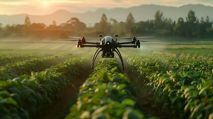  An advanced autonomous robot drone equipped with sensors and AI technology is operating in an agricultural field, showcasing the latest in smart farming automation and precision agriculture