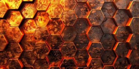 A highquality closeup image displays a glowing hexagonal grid that resembles molten lava with rugged textures