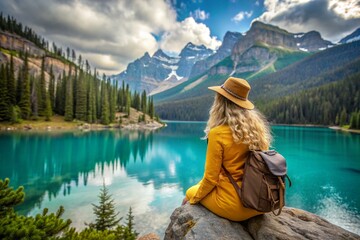 Hiking, summer hiking. A woman with curly blond hair sits on a rock with a backpack on her back against the backdrop of a picturesque lake and mountains.