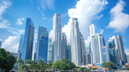 skyscrapers in the cityscape from a ground-level perspective, against the backdrop of a clear blue sky and the pristine white facades of a bustling business center.