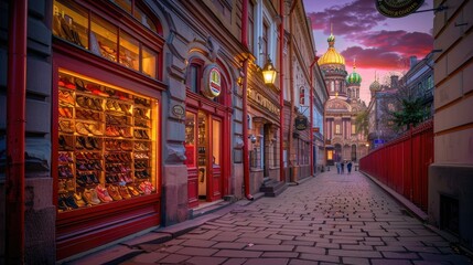 Fototapeta premium an empty city street bathed in the warm glow of a summer sunset, featuring a prominent red fence in the foreground and vintage buildings adorned with white window frames