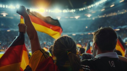Obraz premium Stolze Fans halten deutsche Flagge im Fußballstadion in Deutschland - Sport Sieg, Triumph, Energie, Gewinner Feier Konzept Hintergrund Illustration 
