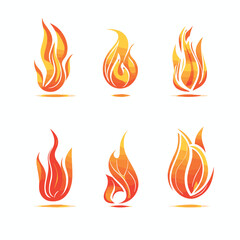 Six stylized fire flame icons vector set graphic. Different shapes orange yellow gradient flames illustration. Flat design style fire graphics isolated white background