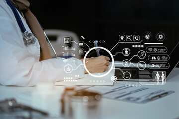 Medicine doctor hand working with modern digital tablet computer and smartphone interface as medical network concept.