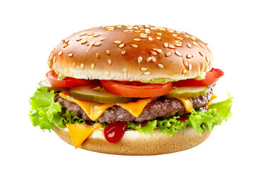 a cheeseburger with lettuce tomato ketchup and pickle