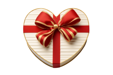 a heart shaped box with a red and gold ribbon