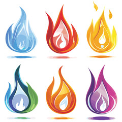 Stylized elements representing water fire various colorful designs. Artistic flames water droplets vibrant colors signify different themes. Cartoon flames water, contrast balance concept