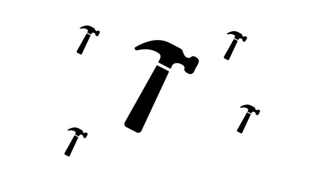 Zoom in and out animation the hammer symbol. Large black symbol in the center and four small symbols around. Seamless looped 4k animation on white background