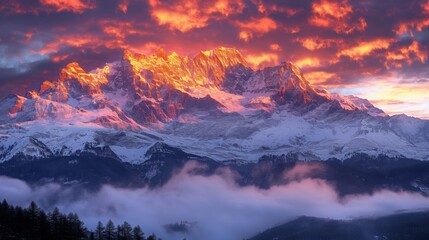 Glorious Sunrise Over Snowy Mountain Range with Vibrant Clouds