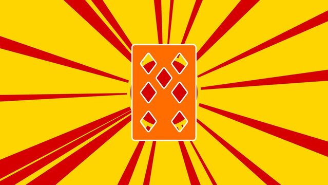 Seven of diamonds playing card on the background of animation from moving rays of the sun. Large orange symbol increases slightly. Seamless looped 4k animation on yellow background