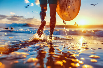 Snowboarder's Feet Entering the Sea at Sunset Surrounded by Seagulls