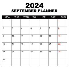 September 2024 Calendar. Week starts on Monday. Blank Calendar Template. Fits Letter Size Page. Stationery Design. Simple set calendar 2024. Monthly calendar template.