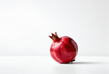 A single red pomegranate on a white surface