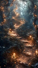 A dense, enchanted forest with a winding path, lit by soft, magical lights. 