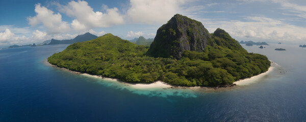 Aerial view of lush tropical island with sandy beach and blue water