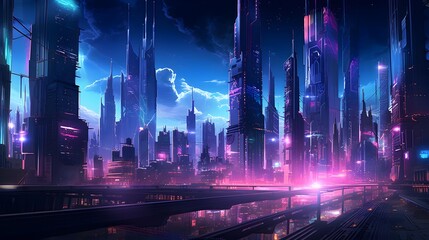Futuristic city at night with neon lights. Panorama.