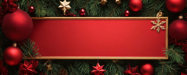 Red christmas ornament frame with golden snowflake decoration and evergreen branches