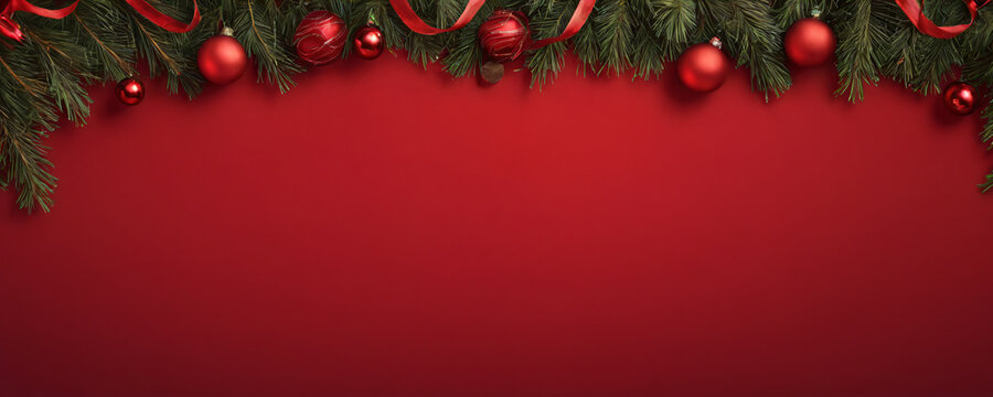 Red christmas ornament and pine branch garland on red background