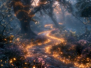 A dense, enchanted forest with a winding path, lit by soft, magical lights. 
