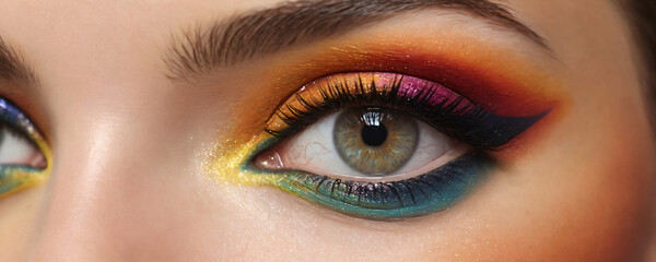 Naklejka premium Close up of a womans eye with colorful eye shadow
