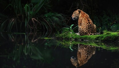 Obraz premium A leopard in the night, sitting on mossy grass near water with its reflection visible