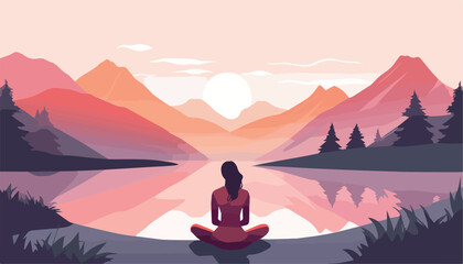 Woman meditating in lotus pose on the lake in the mountains. Vector illustration