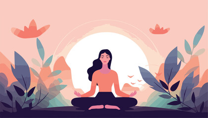 Woman meditating in lotus pose. Vector illustration in flat style