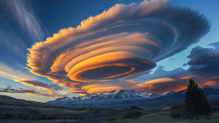 A mesmerizing display of lenticular clouds forms a dramatic pattern over a mountain range at sunset