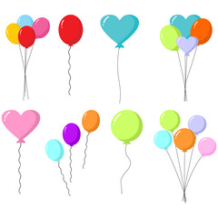Colorful party balloons isolated on white background. Balloon set. Bunch of balloons for birthday and party. Flying ballon with rope. Anniversary, birthday party design. Air balloons vector.