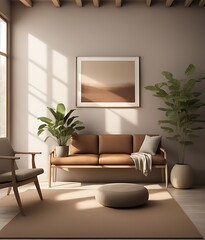 Mockup frame in minimalist nomadic interior background, 3d render