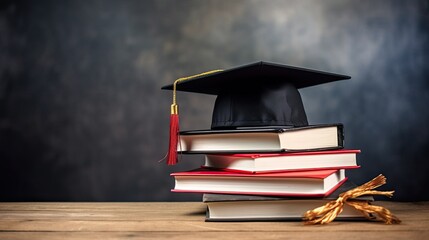 Graduation hat and stack of study books with copy space