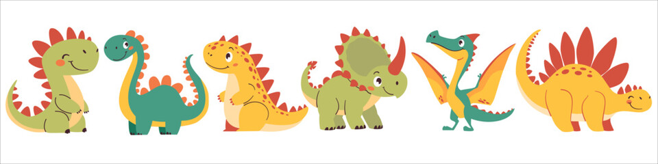 Set of vector illustrations in cartoon style. Super Cute dinosaurs on white background. Vector illustration