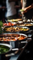 Catering a group of people at a resort, on a cruise, a wedding buffet. Buffet food indoor in the restaurant meat colorful fruits and vegetables