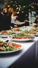 Catering a group of people at a resort, on a cruise, a wedding buffet. Buffet food indoor in the restaurant meat colorful fruits and vegetables