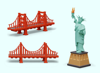 Architectural symbols, landmarks of America. Golden Gate Bridge, Statue of Liberty