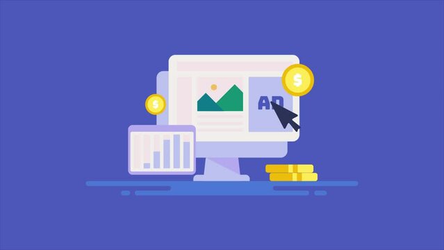 Display advertising on website, PPC campaign and programmatic media native ad increase conversion arrow graph concept video animation.
