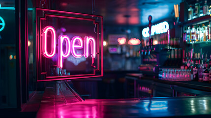 Vibrant Neon Open Sign in a Moody Downtown Bar at Night Capturing the Ambiance of Urban Nightlife