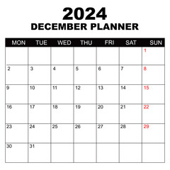 December 2024 Calendar. Week starts on Monday. Blank Calendar Template. Fits Letter Size Page. Stationery Design. Simple set calendar 2024. Monthly calendar template.